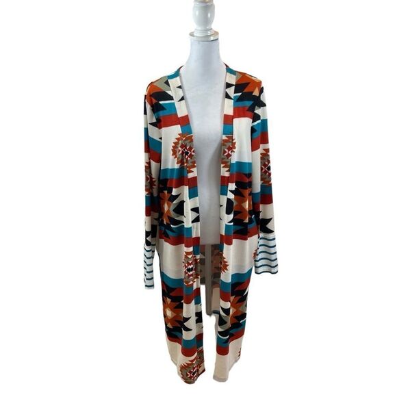 Ladies One Eleven North Brand Aztec Print Long Duster Open Front Sweater Medium - Picture 4 of 15